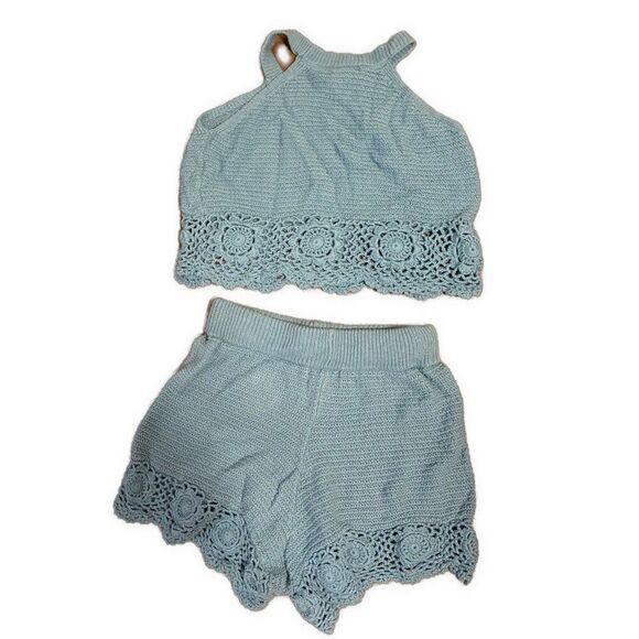sincerely jules 2 piece set Solid Sky Blue Knit Crop Tank Top Shorts Medium - Picture 2 of 5